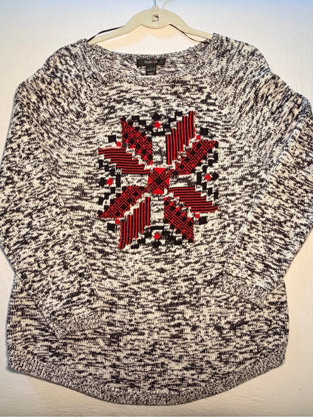 Style & Co. Marled Black & White Crewneck Sweater with Red Snowflake
